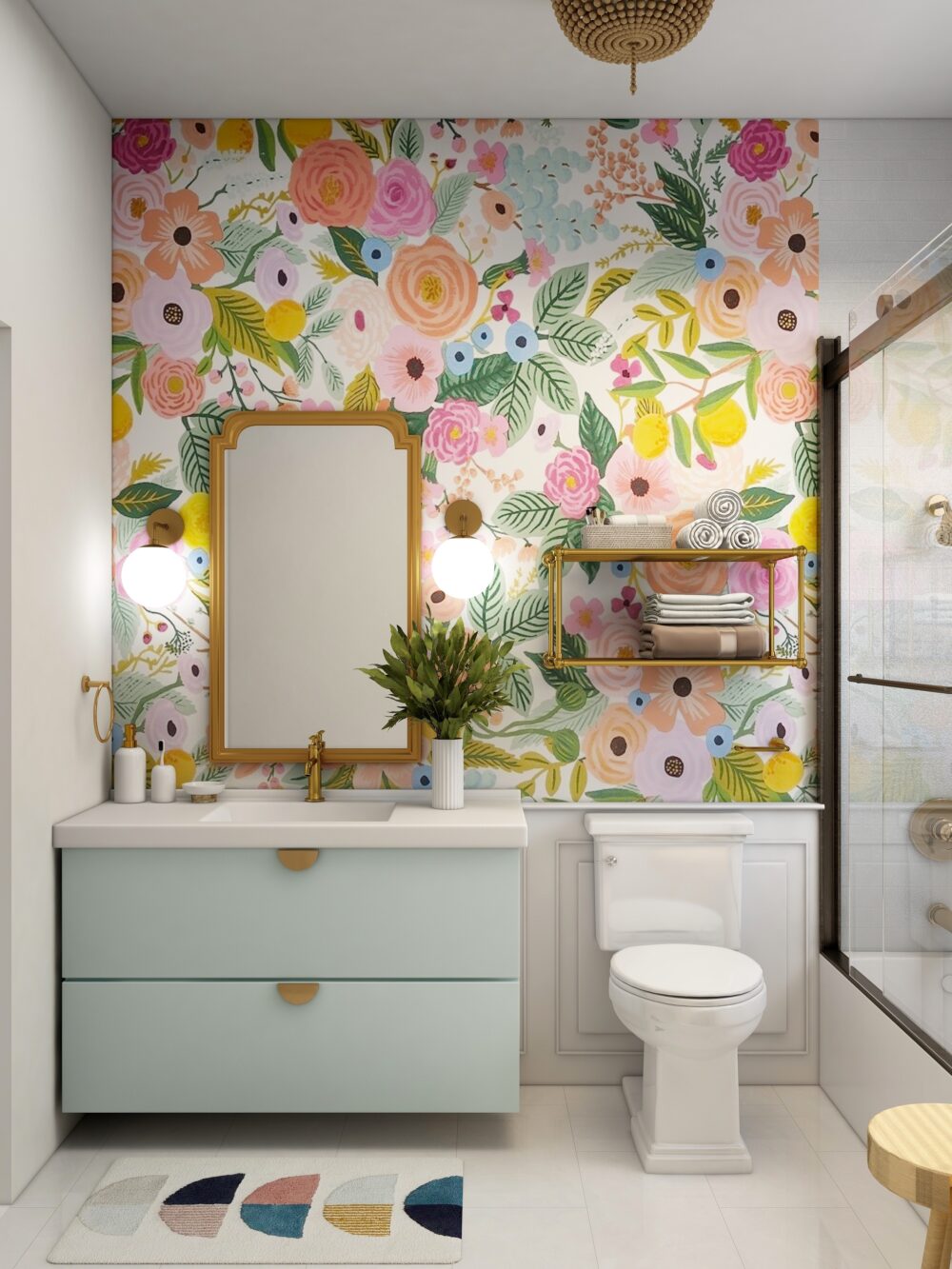 Bath room with colourful flower wallpaper