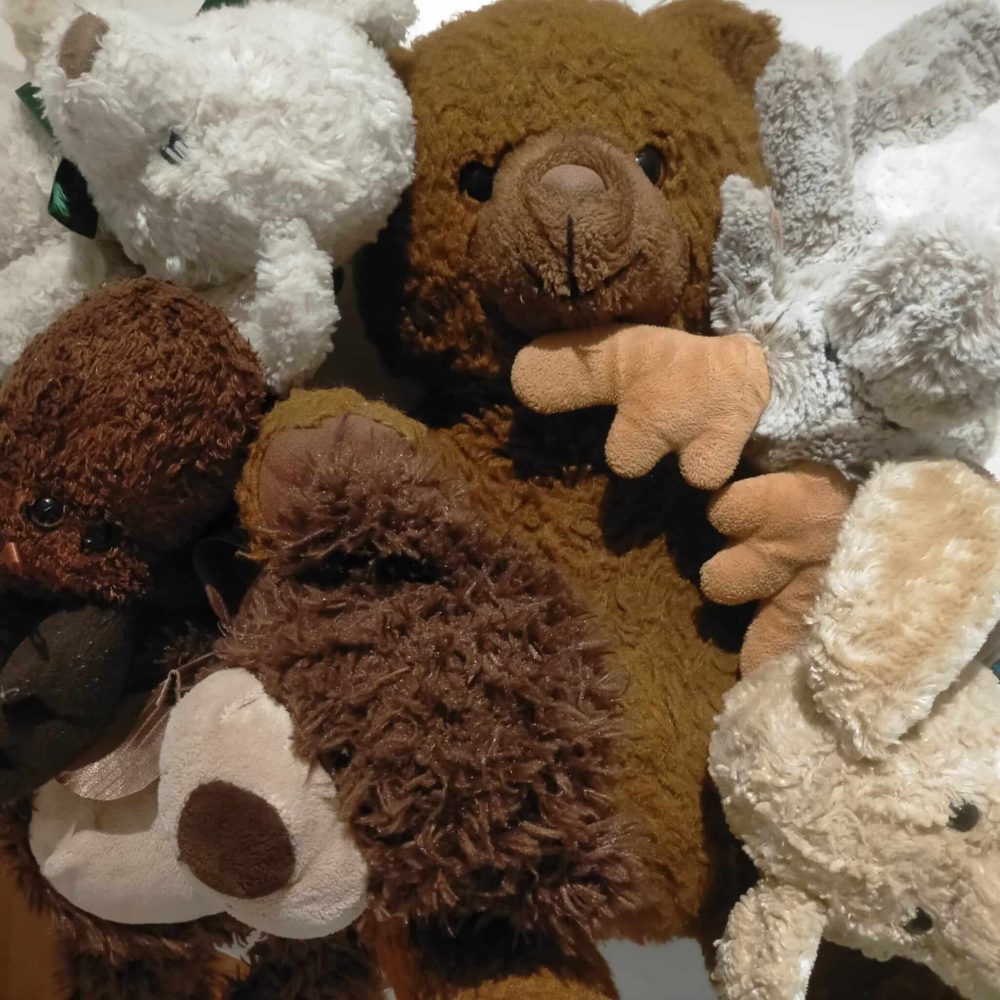 Are you going to do some half term decluttering with kids? This photos shows a pile of teddy bears.